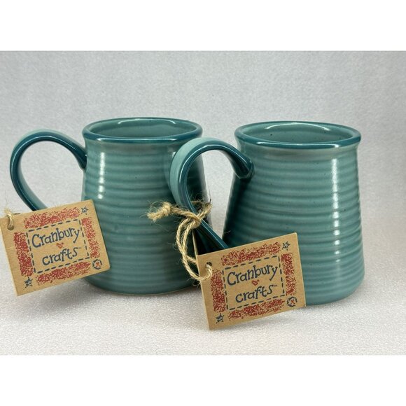 Papel Freelance By Cranbury Crafts Set of 2 Teal Ribbed Ceramic Mugs Pottery NEW - Picture 1 of 5